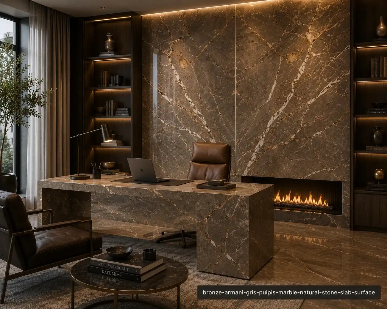 Warm charcoal architectural slab on an office fireplace wall, desk and floor border with elegant beige and muted-gold veins.