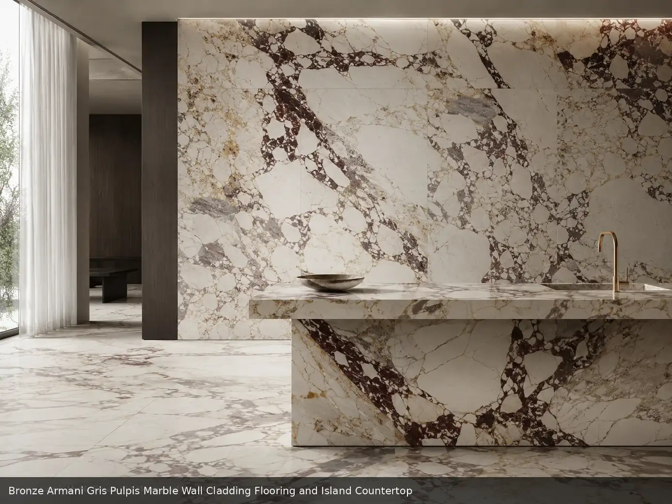polished luxury interior slab across wall cladding, floor and island countertop, with natural veining in a refined interior.