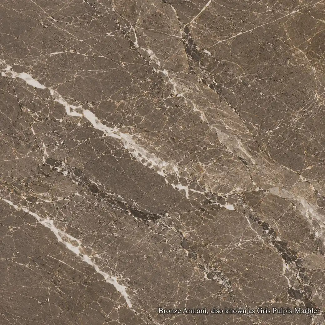 Bronze Armani Gris Pulpis Marble with bronze grey linear stone, ivory veins, taupe fields and a refined polished finish.