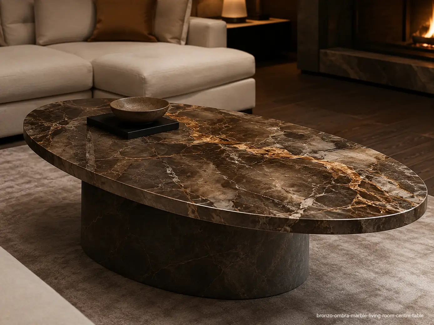 Bronzo Ombra Marble living room centre table with dark bronze-brown stone, copper ribbons and an oval top.