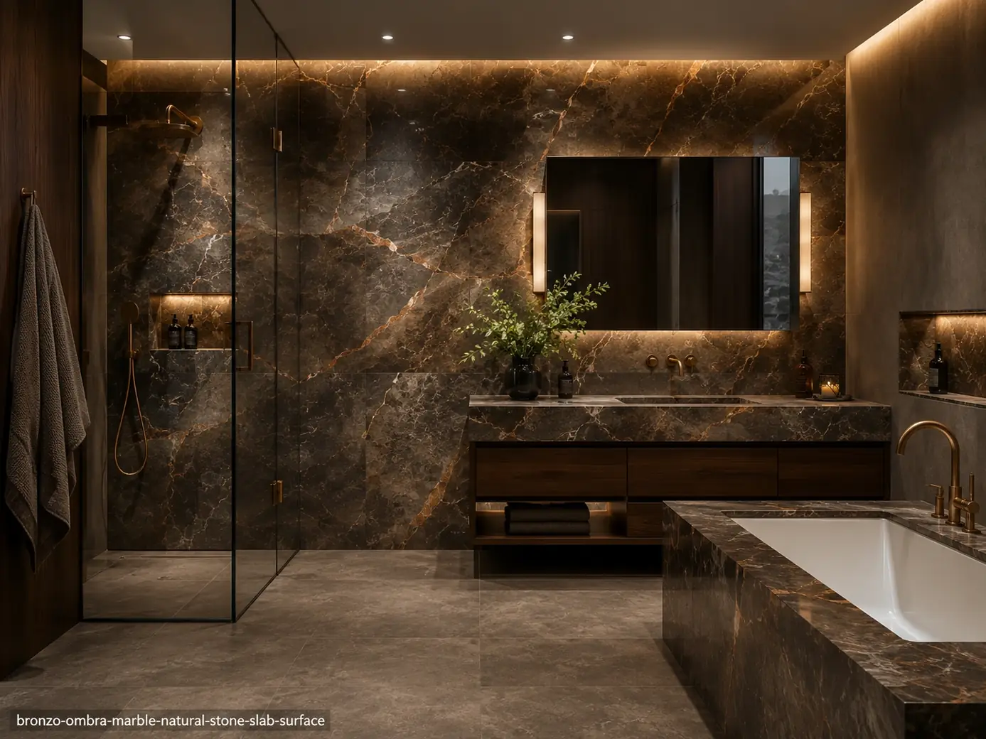 Dark metallic mineral texture across a moody bathroom shower wall, floating vanity and bathtub surround with bronze ribbons.