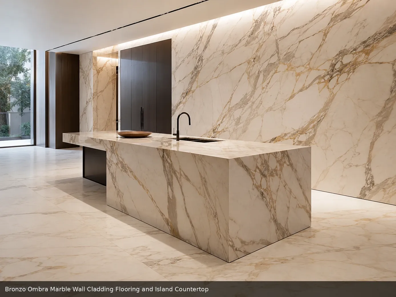 warm charcoal decorative surface across wall cladding, floor and island countertop, with realistic veining and soft daylight.