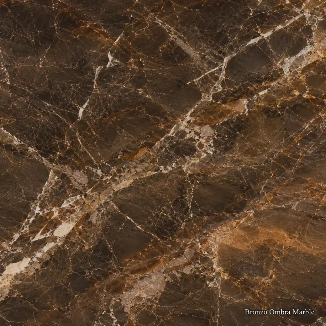Bronzo Ombra Marble with shadow bronze natural stone, umber clouds, copper ribbons, cream accents and rich polished depth.