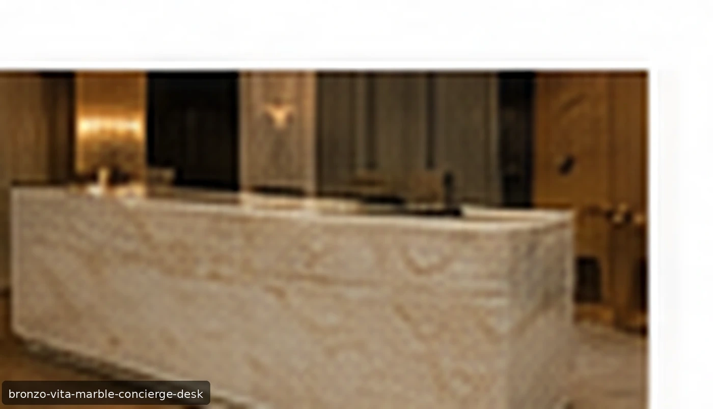 Bronzo Vita Marble concierge desk with bronze-brown stone, smoky-grey clouds and bold cream-gold veins.
