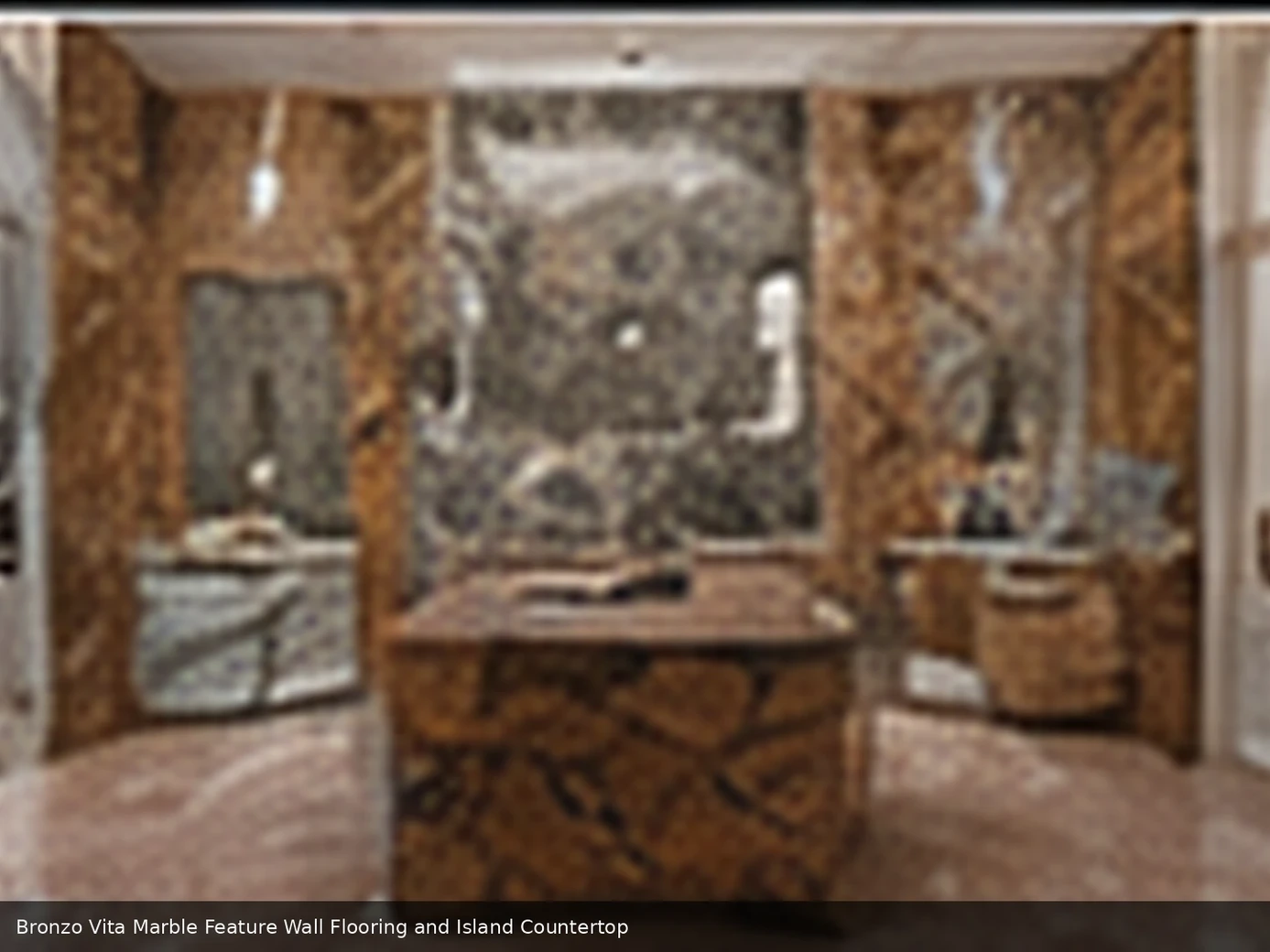 luxurious bronze decorative surface on feature wall, floor and island countertop, with natural veining in a refined interior.