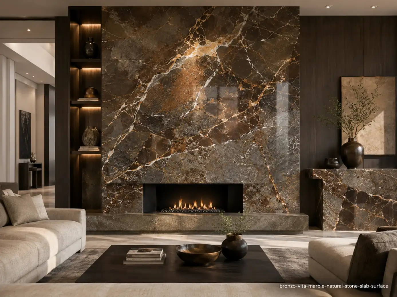 Energetic mineral movement on a living room fireplace wall, hearth and sculptural console with bronze, cream and gold veins.