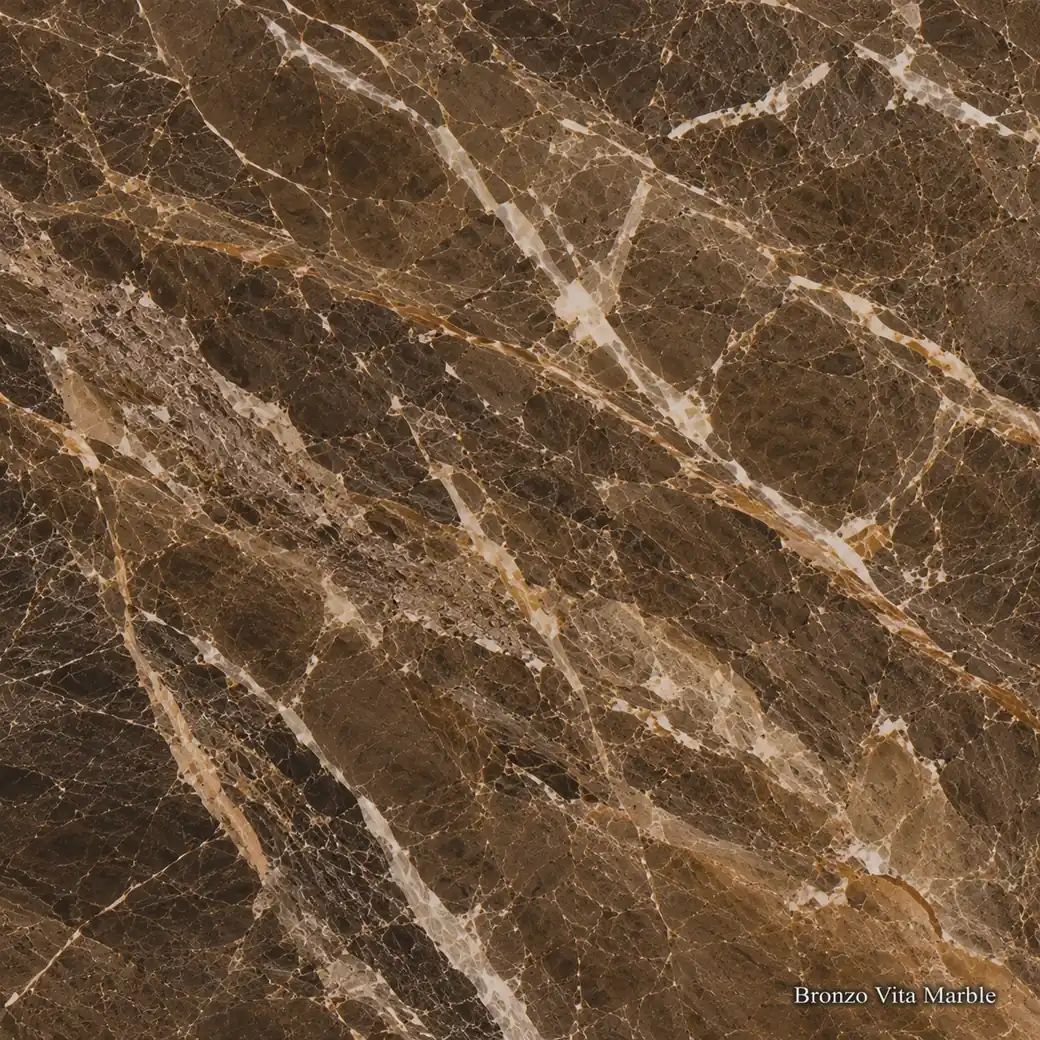 Bronzo Vita Marble with vibrant bronze natural stone, cream ribbons, smoky grey fields, gold accents and polished depth.