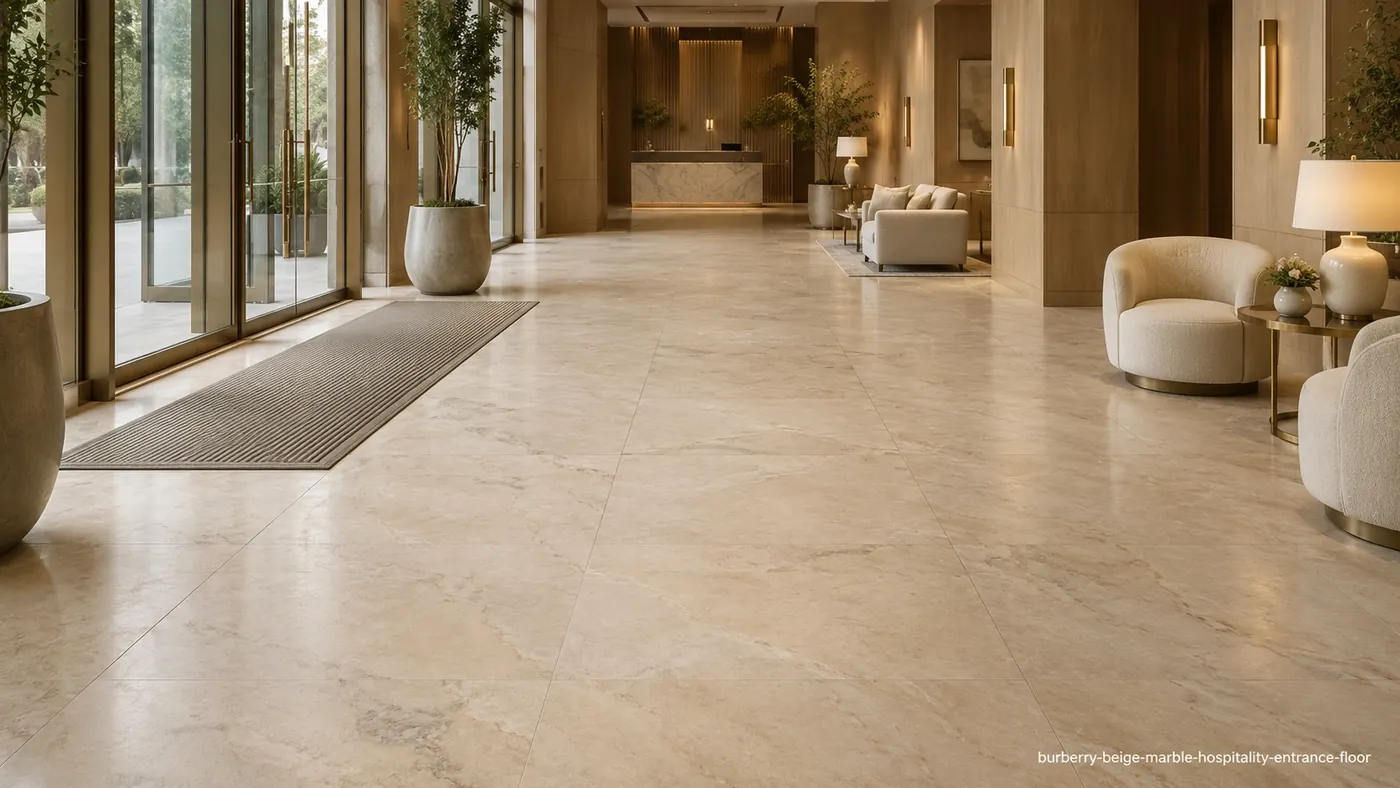 Burberry Beige Marble hospitality entrance floor with honed warm-beige slabs, cream clouds and soft veining.