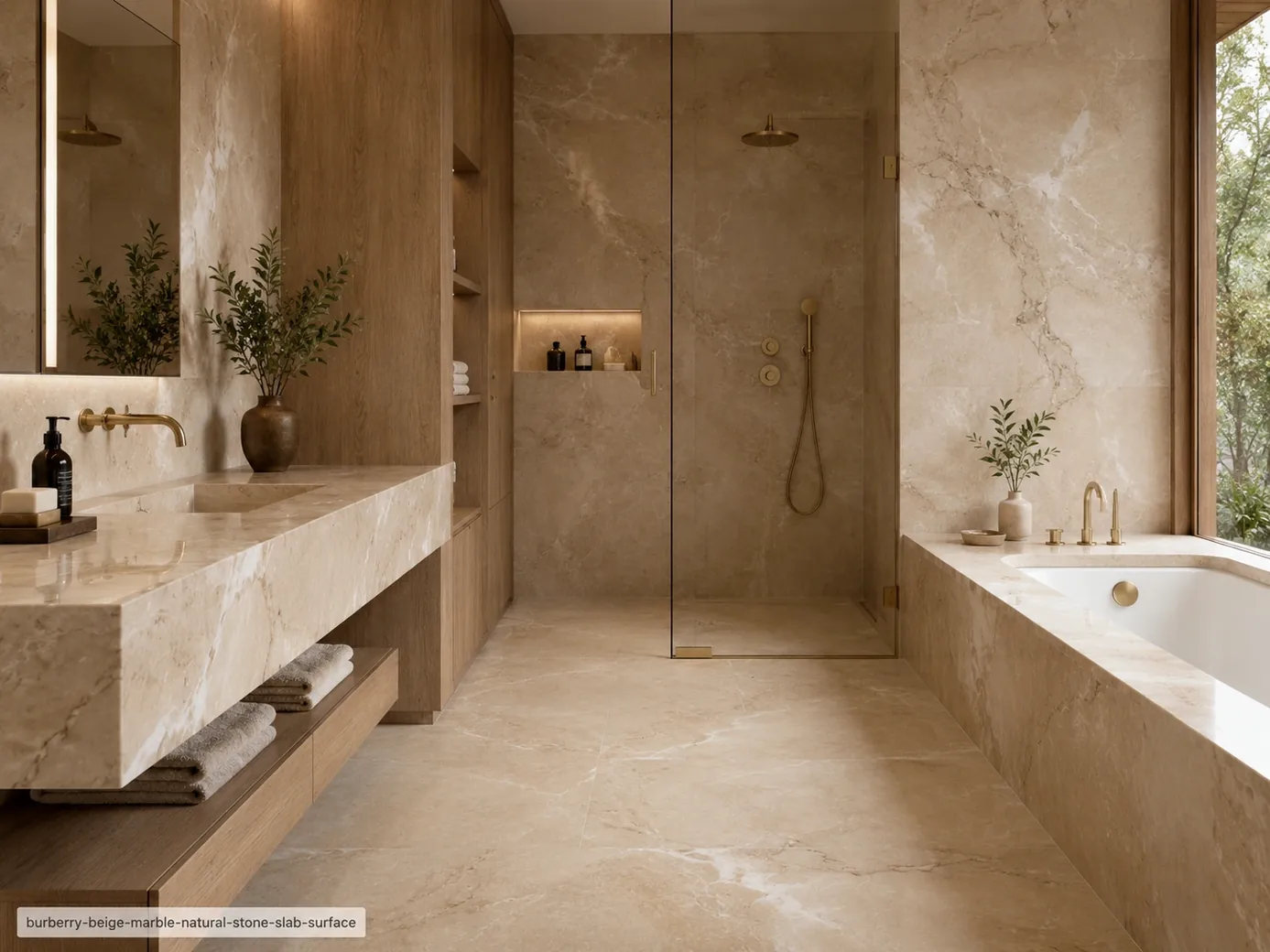 Subtle cream vein texture across a bathroom vanity, bathtub surround, walk-in shower and flooring with warm beige depth.