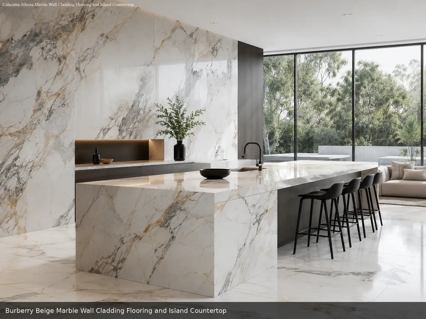 understated decorative surface across wall cladding, floor and island countertop, with natural veining in a refined interior.