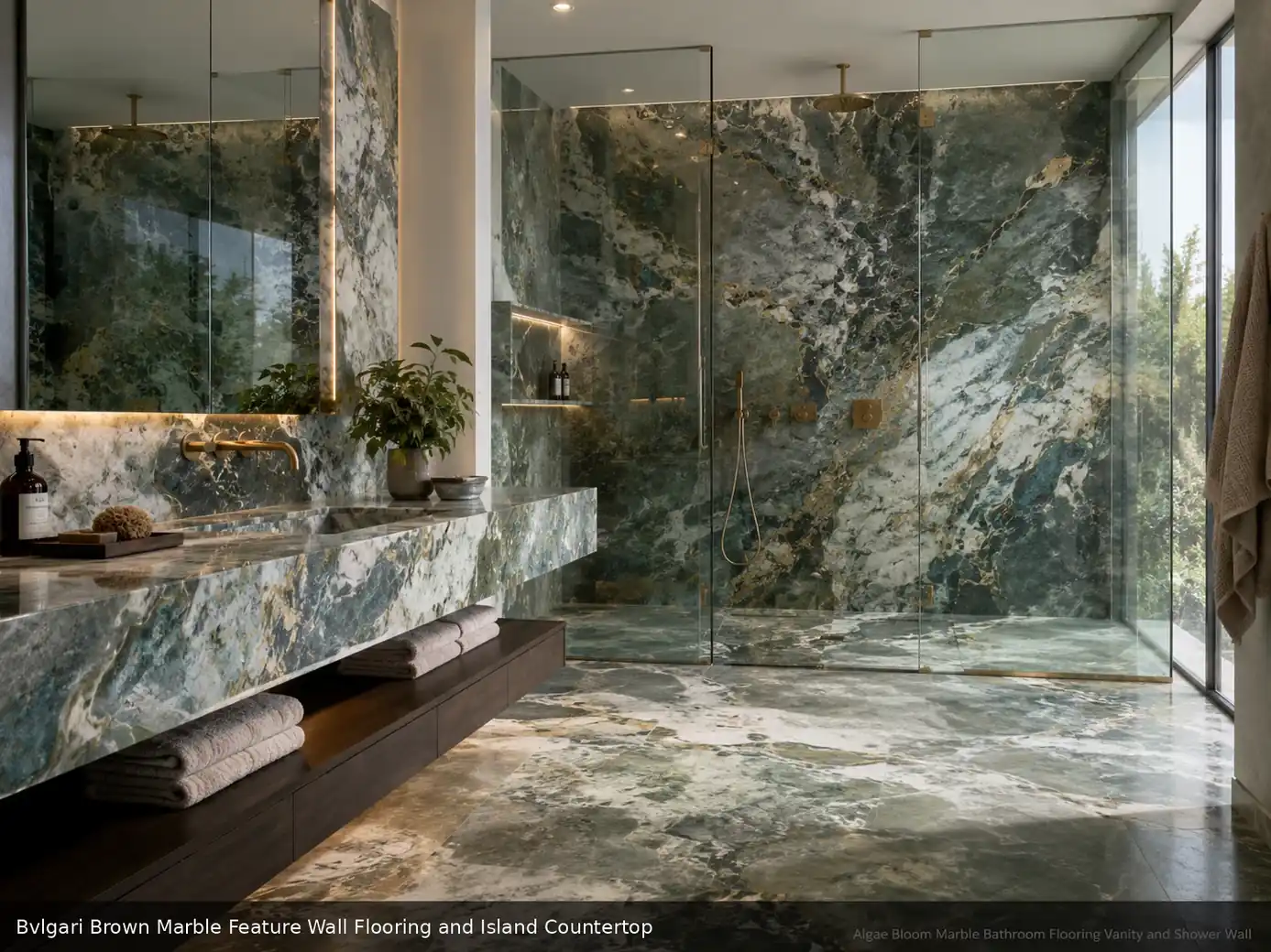 warm premium decorative surface across feature wall, floor and island countertop, with natural veining in a refined interior.
