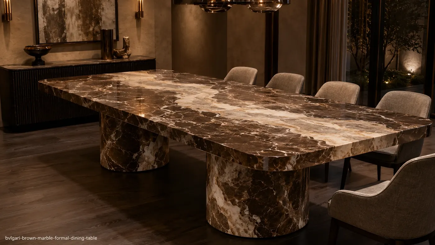 Bvlgari Brown Marble formal dining table with chocolate stone, flowing cream-grey currents and sculptural bases.