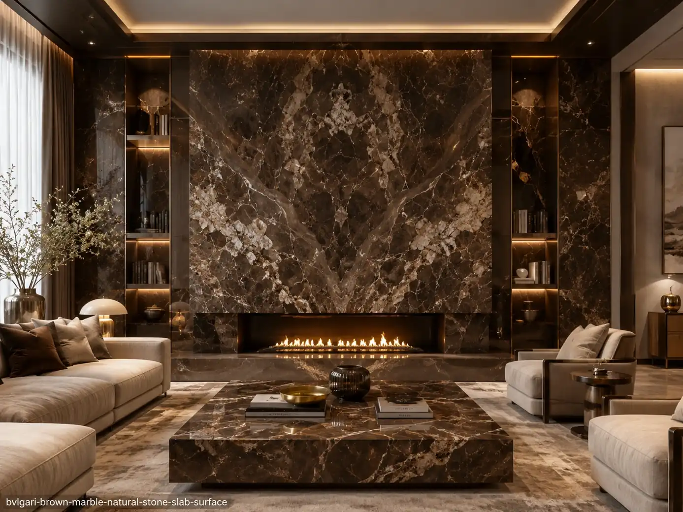 Elegant gold vein movement across a bookmatched lounge fireplace wall, coffee table and wall panels with chocolate tones.