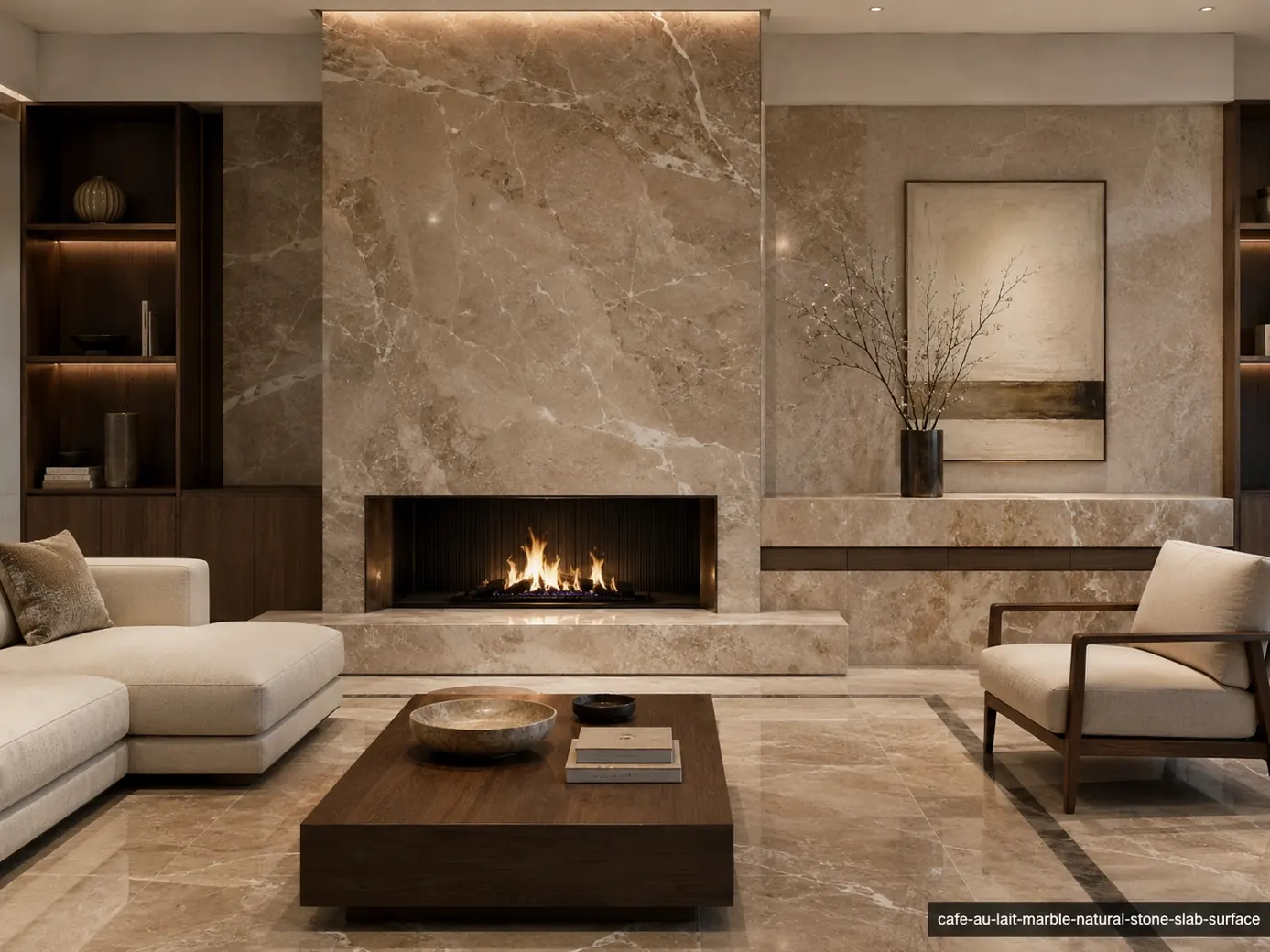 Warm beige brown slab on a living room fireplace, low console and floor borders with mocha, taupe and delicate ivory veining.
