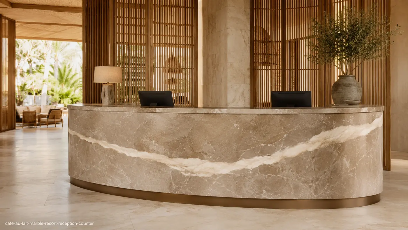 Cafe Au Lait Marble resort reception counter with mocha, taupe and cream stone in a warm luxury lobby.