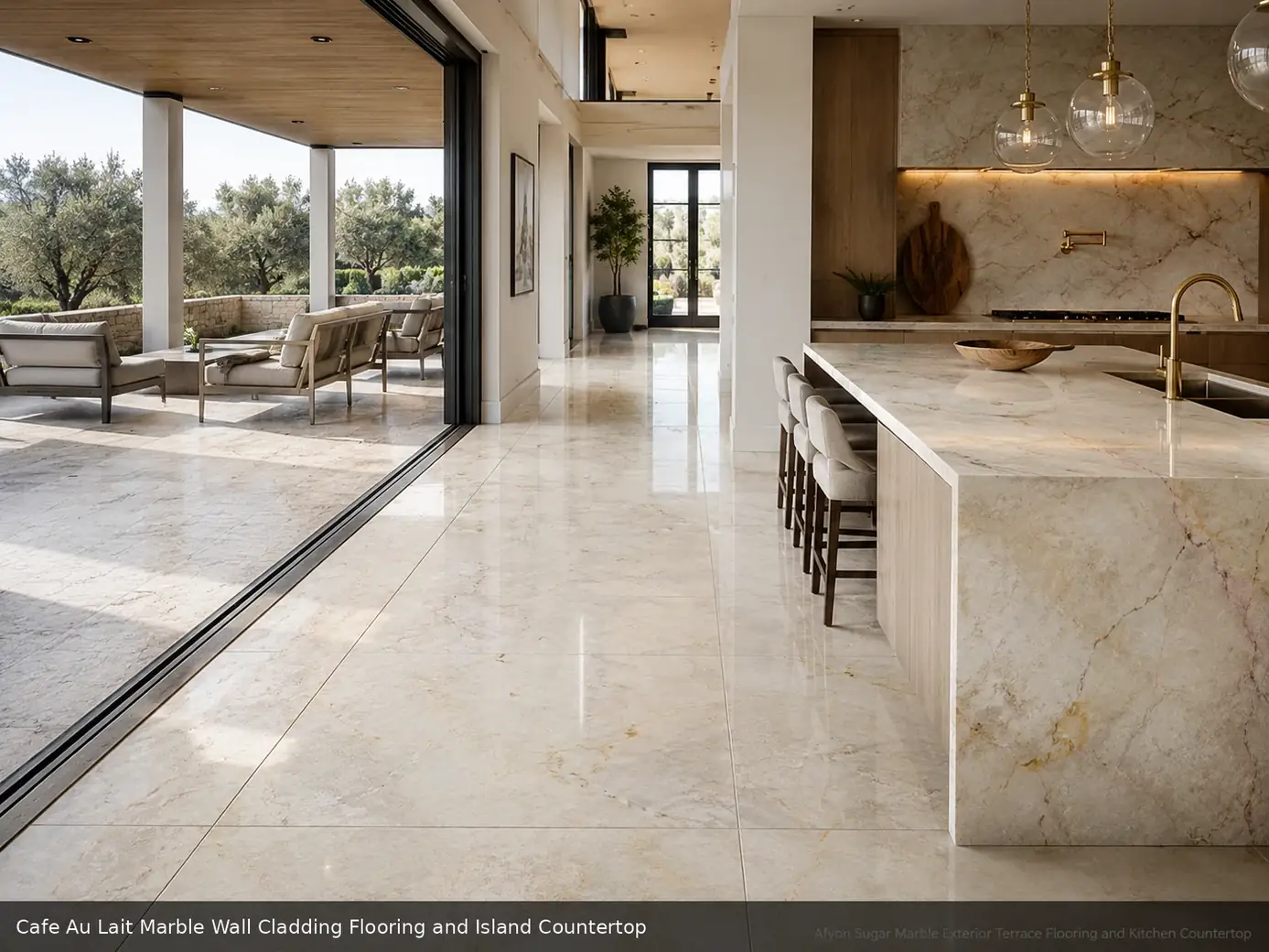 calm contemporary decorative surface on wall cladding, floor and island countertop, with realistic veining and soft daylight.