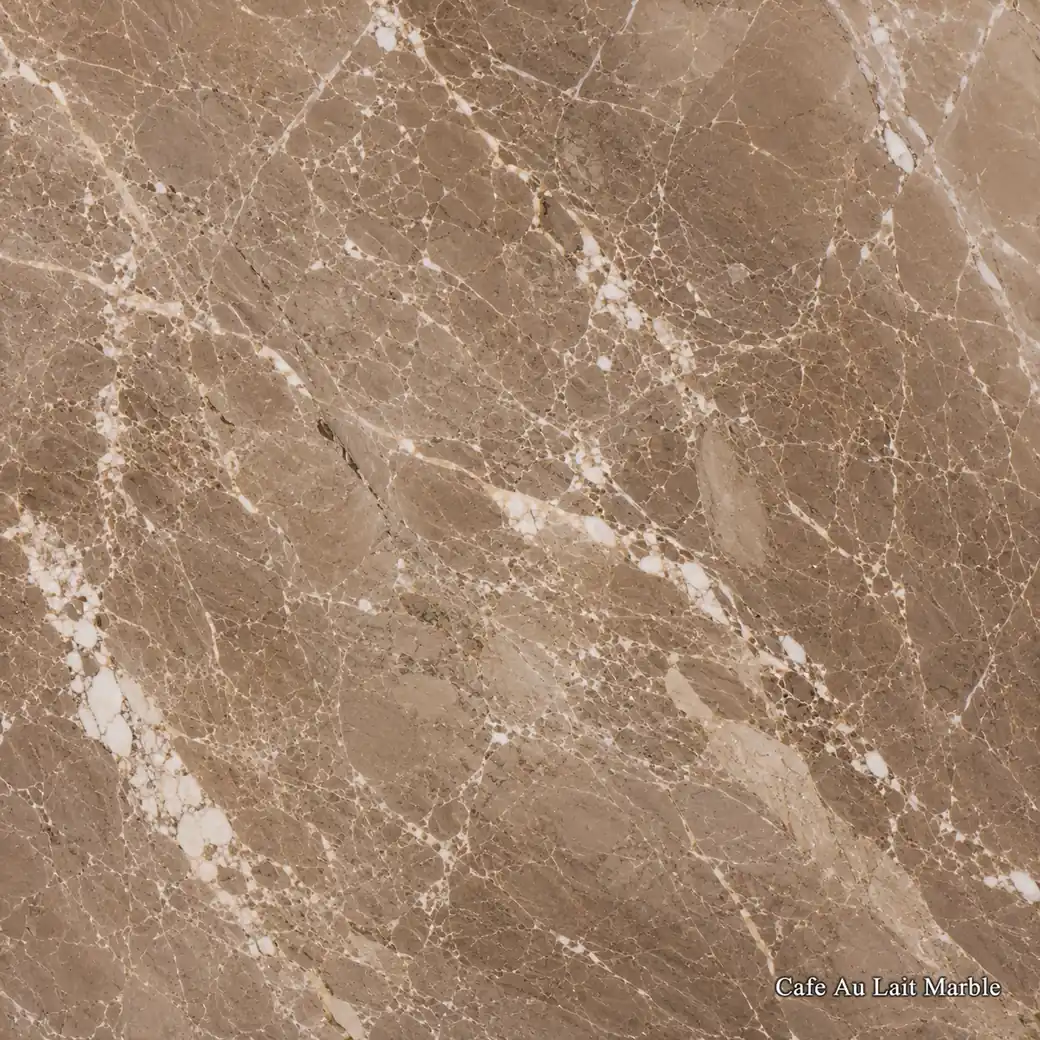 Cafe Au Lait Marble with creamy coffee toned stone, mocha-grey clouds, ivory ribbons and a warm polished mineral finish.