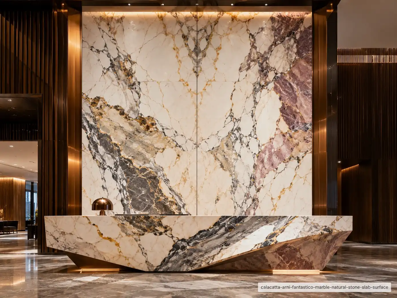 Bold sculptural vein pattern on a lobby feature wall and reception desk with white, charcoal, gold, mauve and rose movement.