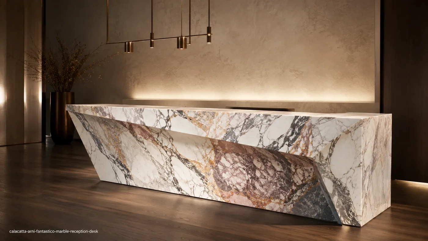 Calacatta Arni Fantastico Marble reception desk with white stone and dramatic grey, gold, mauve and rose veins.