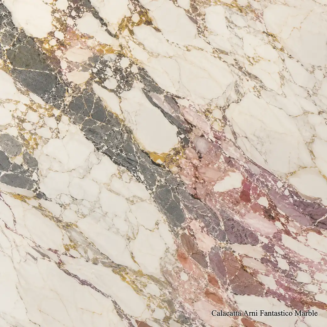 Calacatta Arni Fantastico Marble with fantastical white feature stone, charcoal channels, gold, rose and mauve movement.