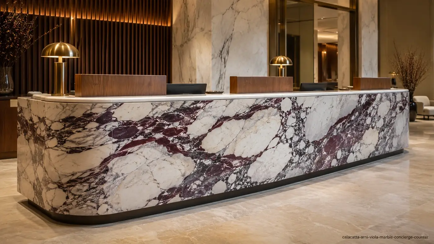 Calacatta Arni Viola Marble concierge counter with creamy stone and bold burgundy, violet and charcoal veining.
