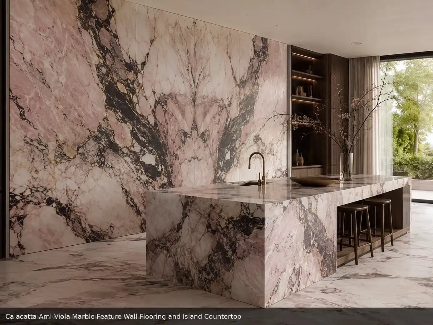 premium bookmatched surface across feature wall, floor and island countertop, with natural veining in a refined interior.