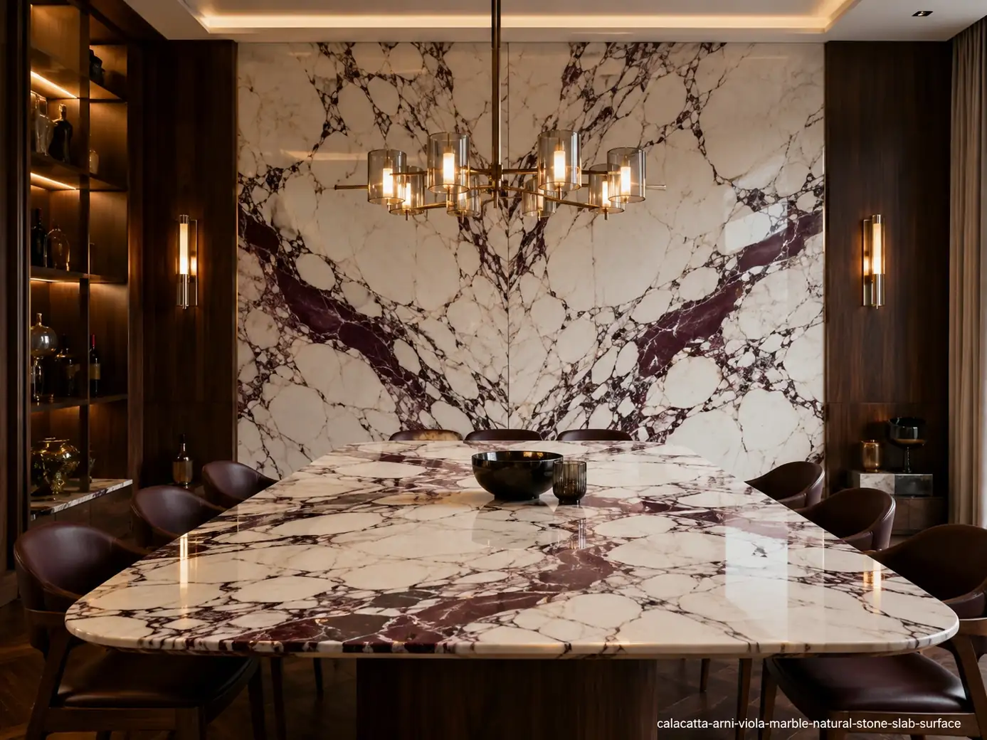 Bold burgundy mineral pattern across a dining room feature wall and table with creamy white, violet and near-black veining.