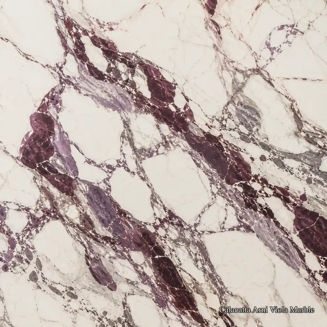 Calacatta Arni Viola Marble with white stone with violet movement, burgundy rivers, purple-grey veins and polished depth.