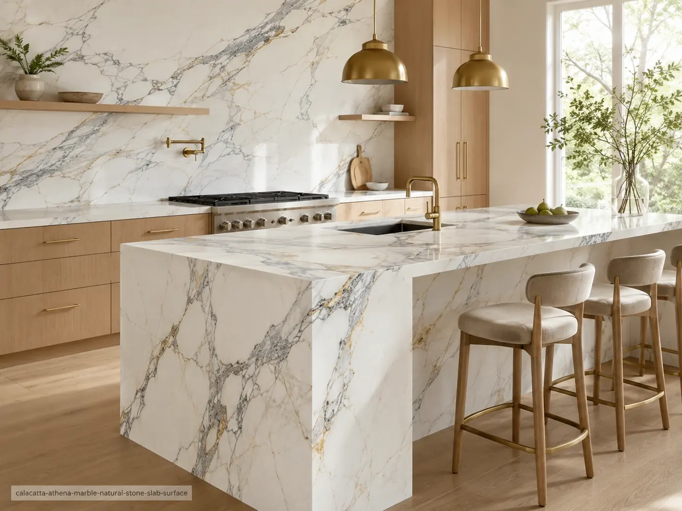 Refined Greek architectural slab on a kitchen island, backsplash and countertops with white, grey and fine honey-gold veins.