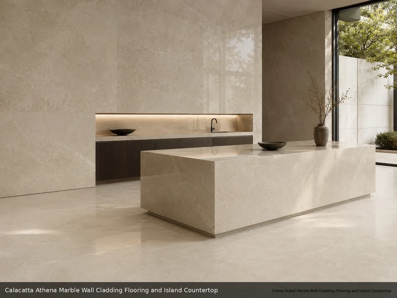 premium bright interior surface across wall cladding, floor and island countertop, with realistic veining and soft daylight.