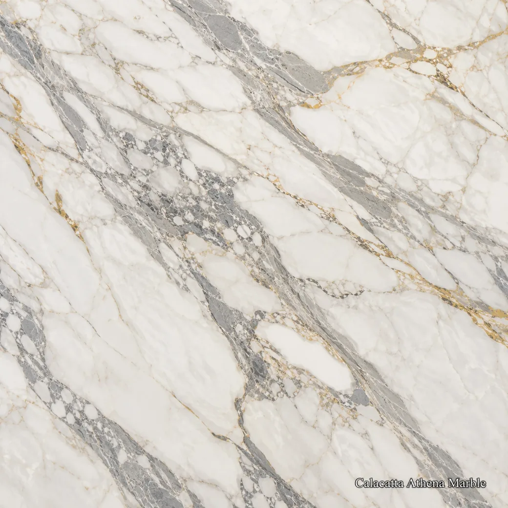 Calacatta Athena Marble with luminous classical white stone, bold grey ribbons, charcoal accents and subtle honey-gold veins.
