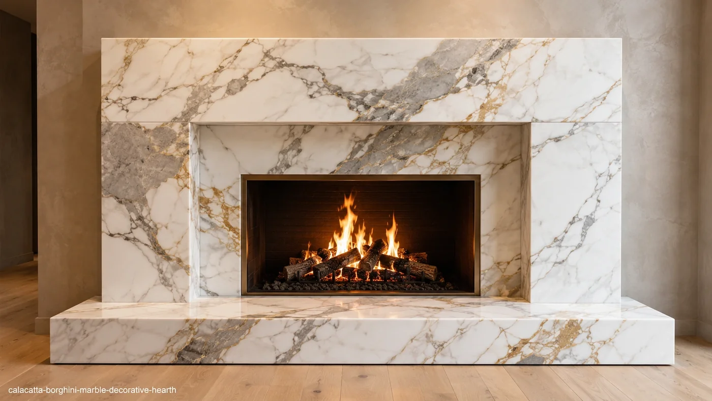Calacatta Borghini Marble decorative hearth with bright white stone and bold grey, taupe and honey-gold veins.