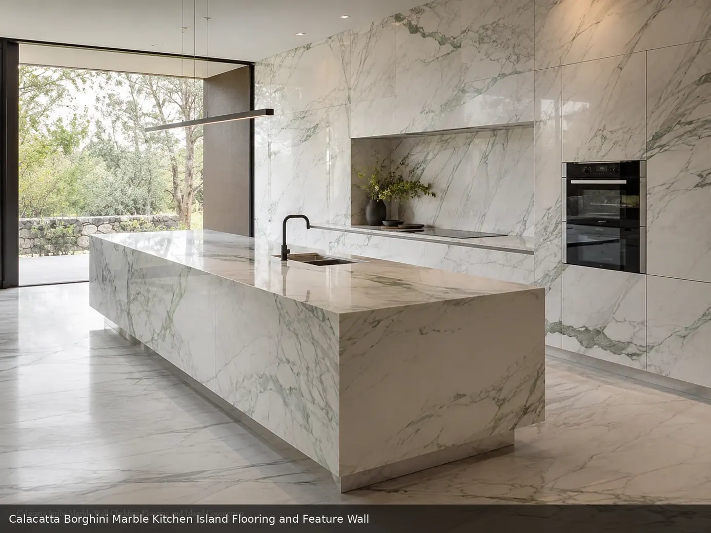 high contrast bookmatched surface across kitchen island, floor and feature wall, with natural veining in a refined interior.