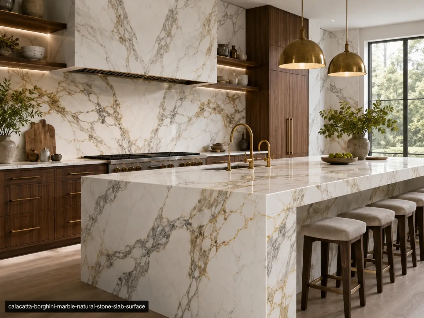 Prestigious Italian feature slab on a kitchen island and backsplash with bold grey and honey-gold veins in a walnut interior.