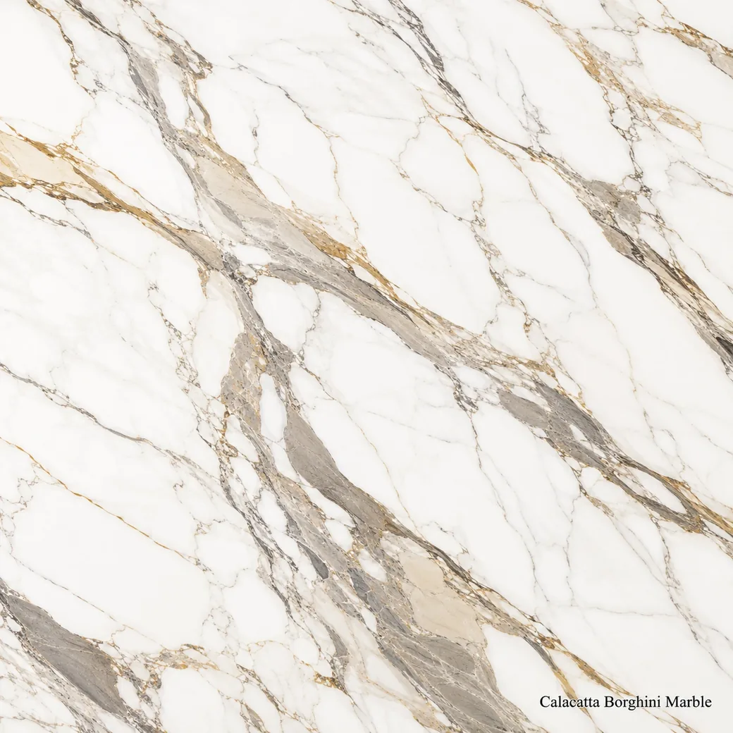 Calacatta Borghini Marble with luminous white gold veined stone, broad grey ribbons, taupe clouds and rich polished depth.