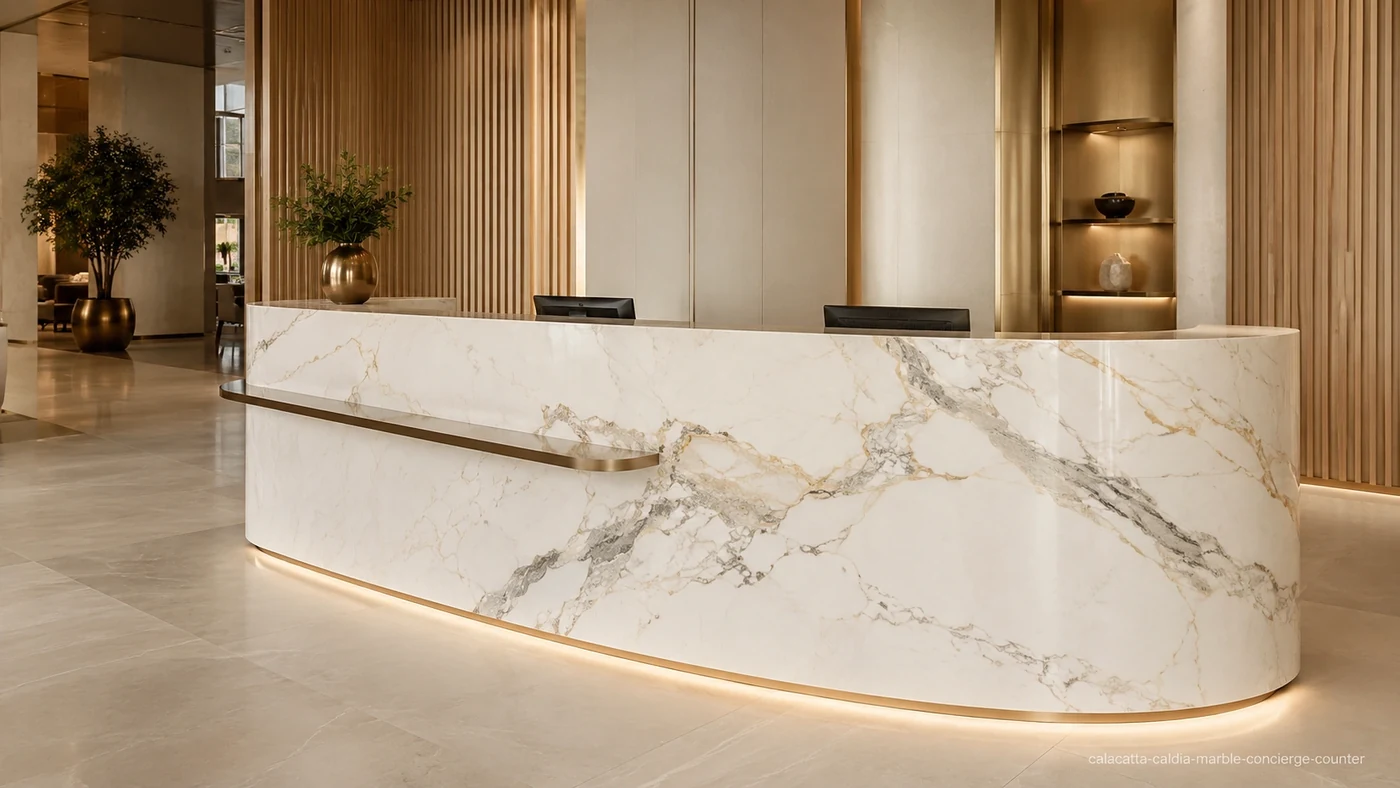 Calacatta Caldia Marble concierge counter with creamy white stone and delicate grey, taupe and pale-gold veining.