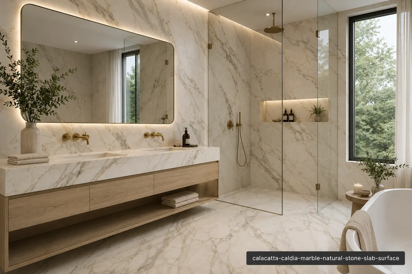 Elegant creamy architectural slab across a bathroom vanity, shower walls, tub surround and floor with soft grey-gold veining.