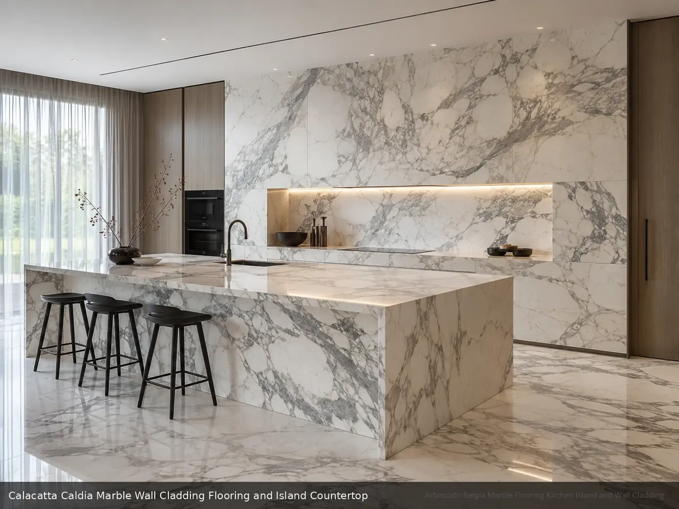 premium neutral feature material across wall cladding, floor and island countertop, with realistic veining and soft daylight.