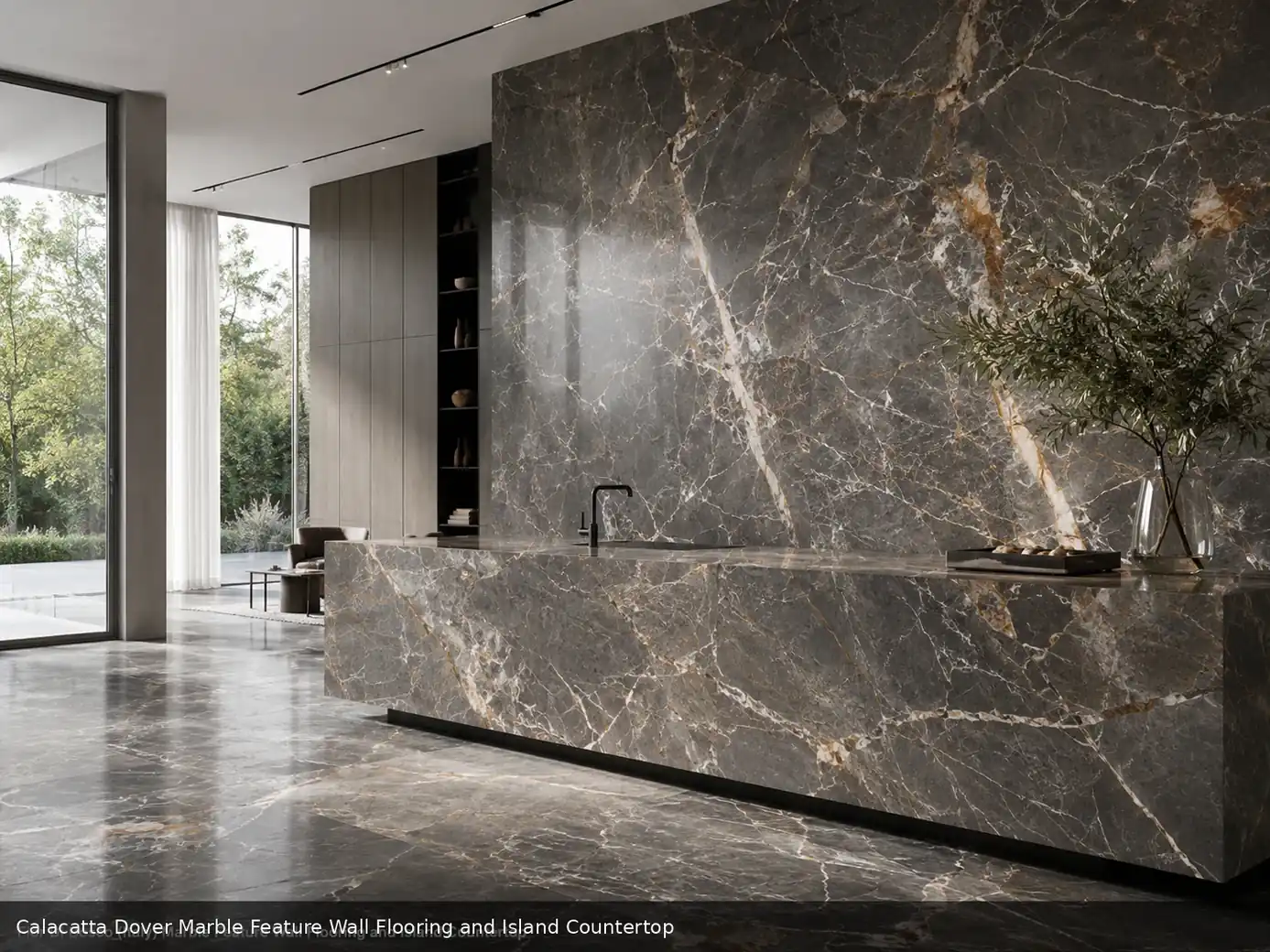 premium bookmatched white surface across feature wall, floor and island countertop, with realistic veining and soft daylight.
