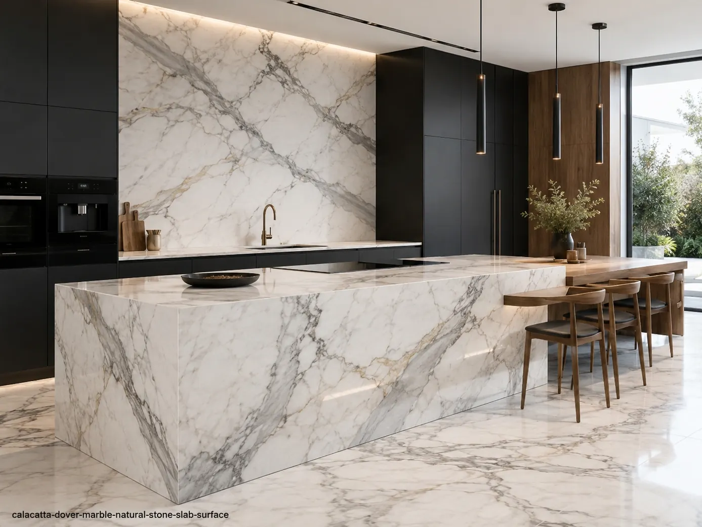 Bold contemporary architectural slab on sculptural kitchen island, backsplash and dining ledge with grey and charcoal veins.
