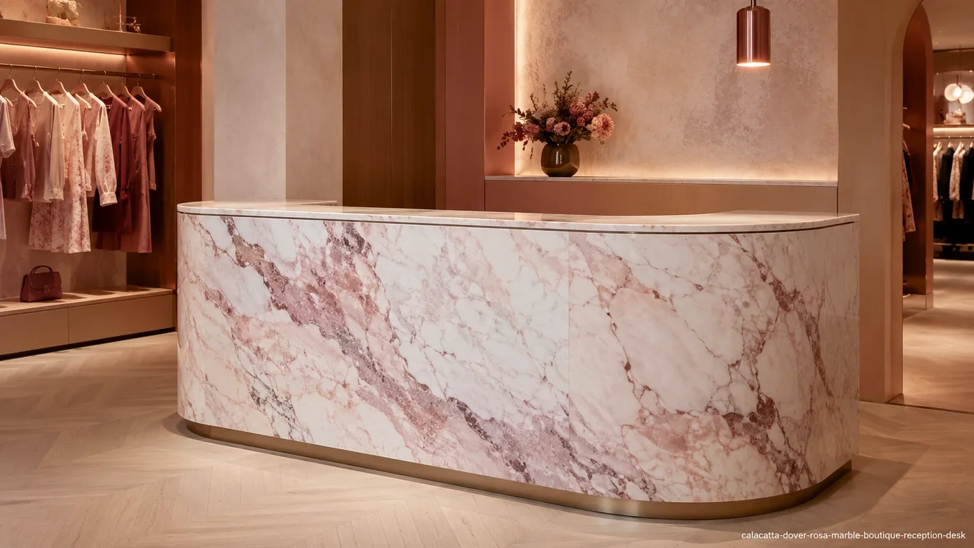 Calacatta Dover Rosa Marble boutique reception desk with blush stone, rose-grey veins and soft burgundy movement.