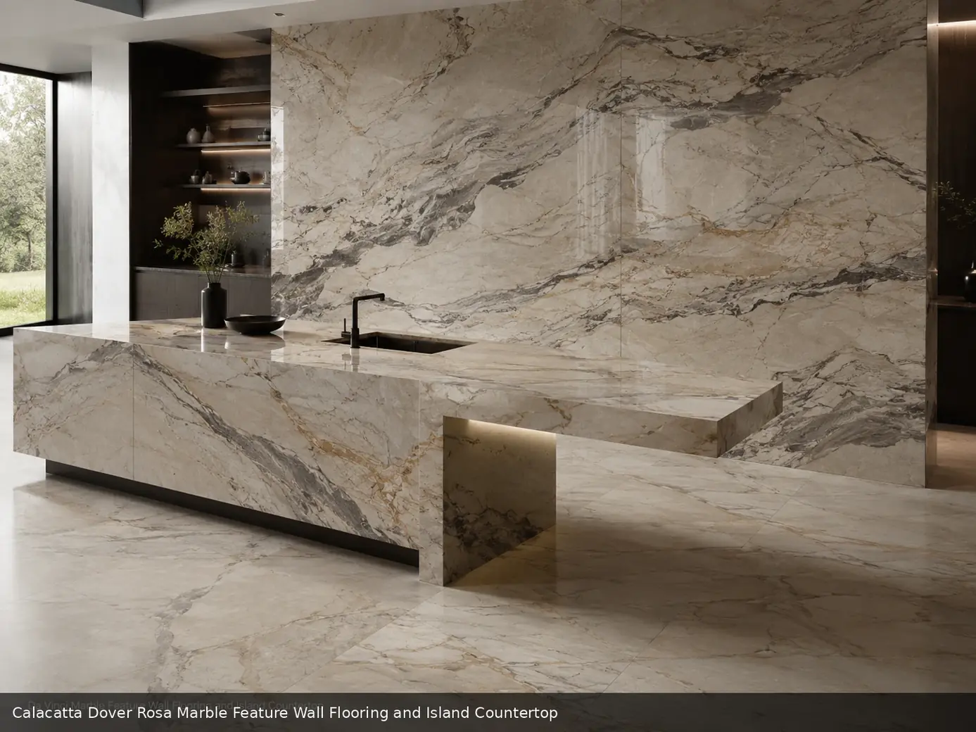 delicate burgundy vein pattern across feature wall, floor and island countertop, with natural veining in a refined interior.