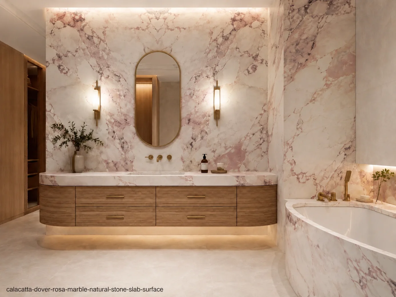 Elegant pink accented slab on a hotel vanity wall, curved countertop and bathtub surround with blush and mauve movement.
