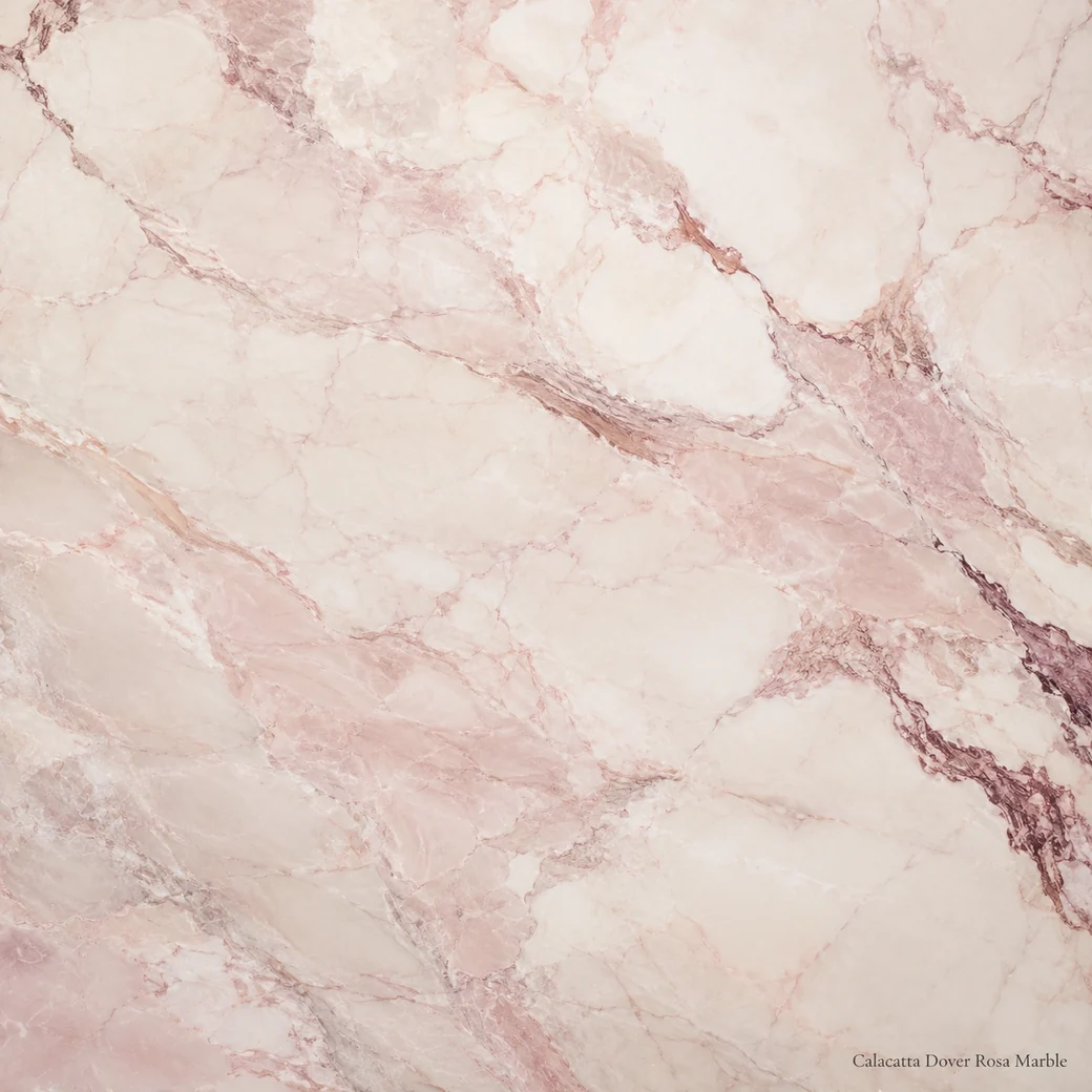 Calacatta Dover Rosa Marble with blush white veined stone, rose-grey ribbons, mauve clouds and polished crystalline depth.