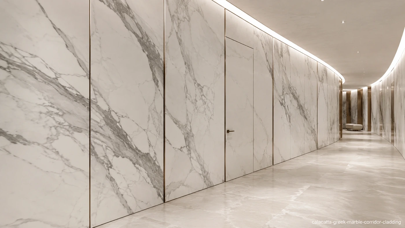 Calacatta Greek Marble corridor cladding with bright white panels and elegant silver-grey diagonal veining.