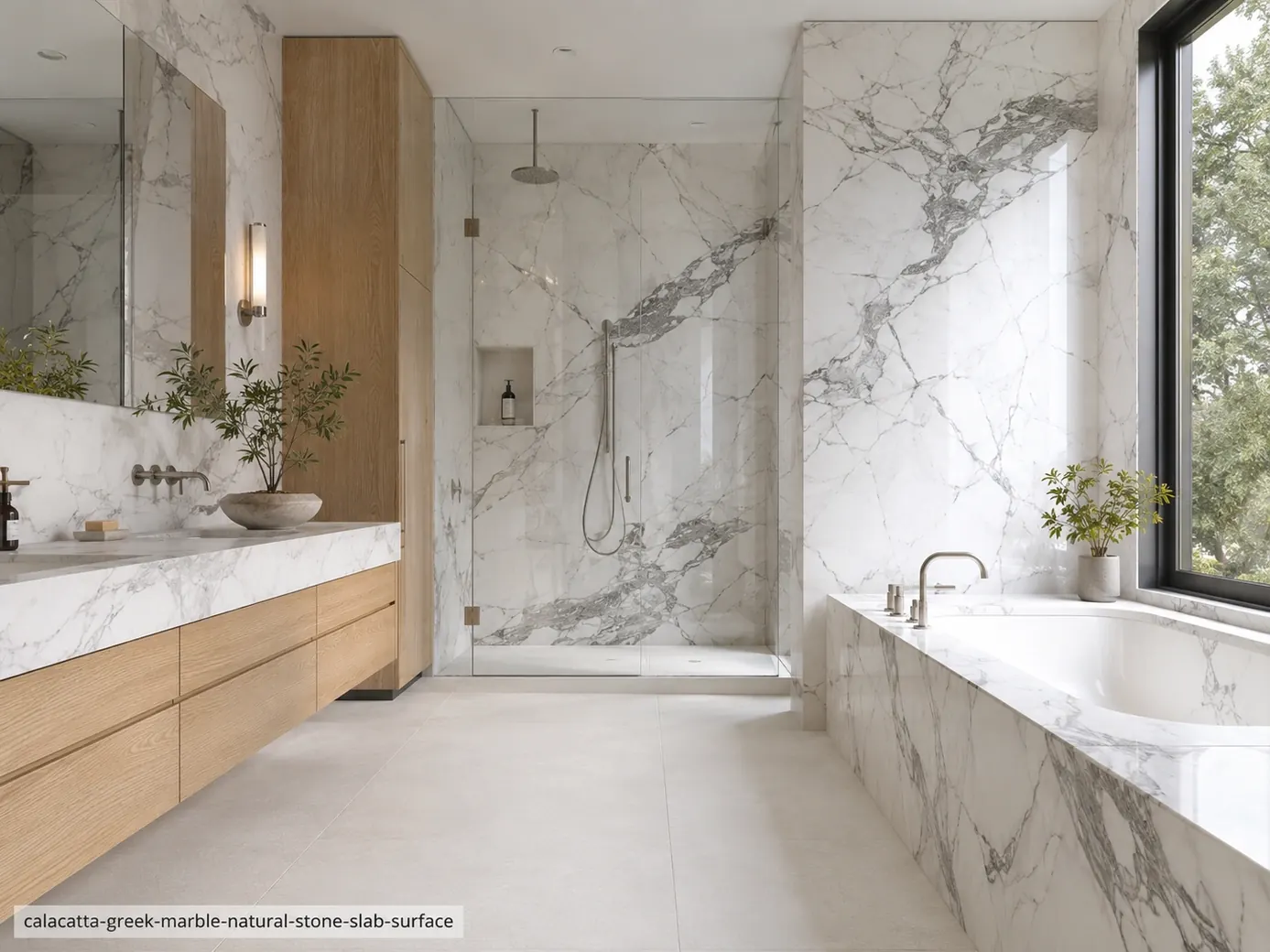 Luminous Mediterranean slab across shower walls, vanity, bathtub surround and floor with bright white and smoky grey veining.
