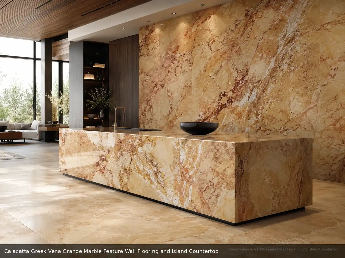 polished sculptural white stone across feature wall, floor and island countertop, with natural veining in a refined interior.