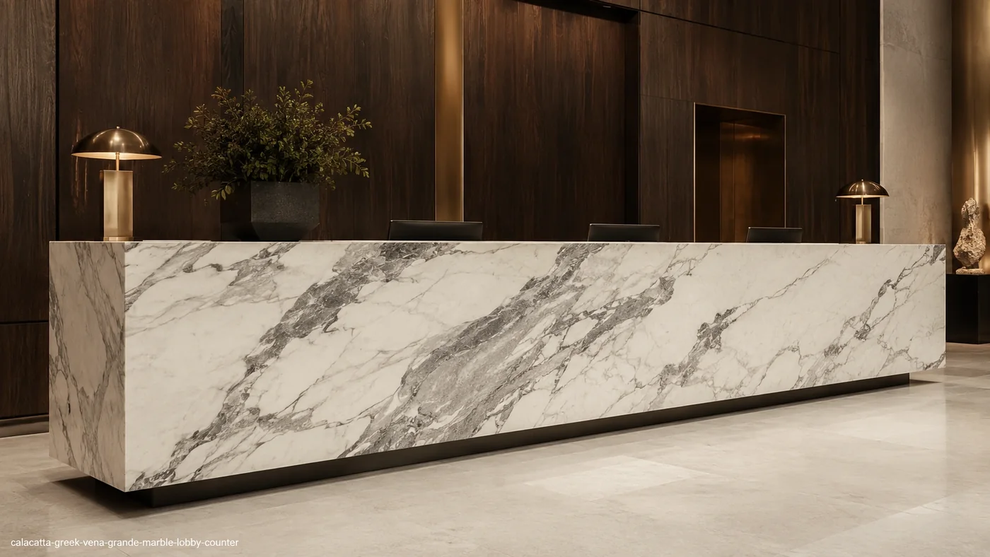 Calacatta Greek Vena Grande Marble lobby counter with broad grey veins sweeping across a creamy white fascia.