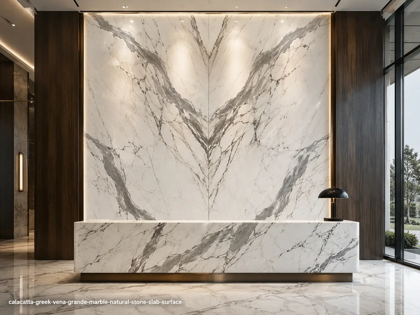 Dramatic Greek feature slab on an open-book lobby wall and reception counter with oversized graphite and smoky grey ribbons.