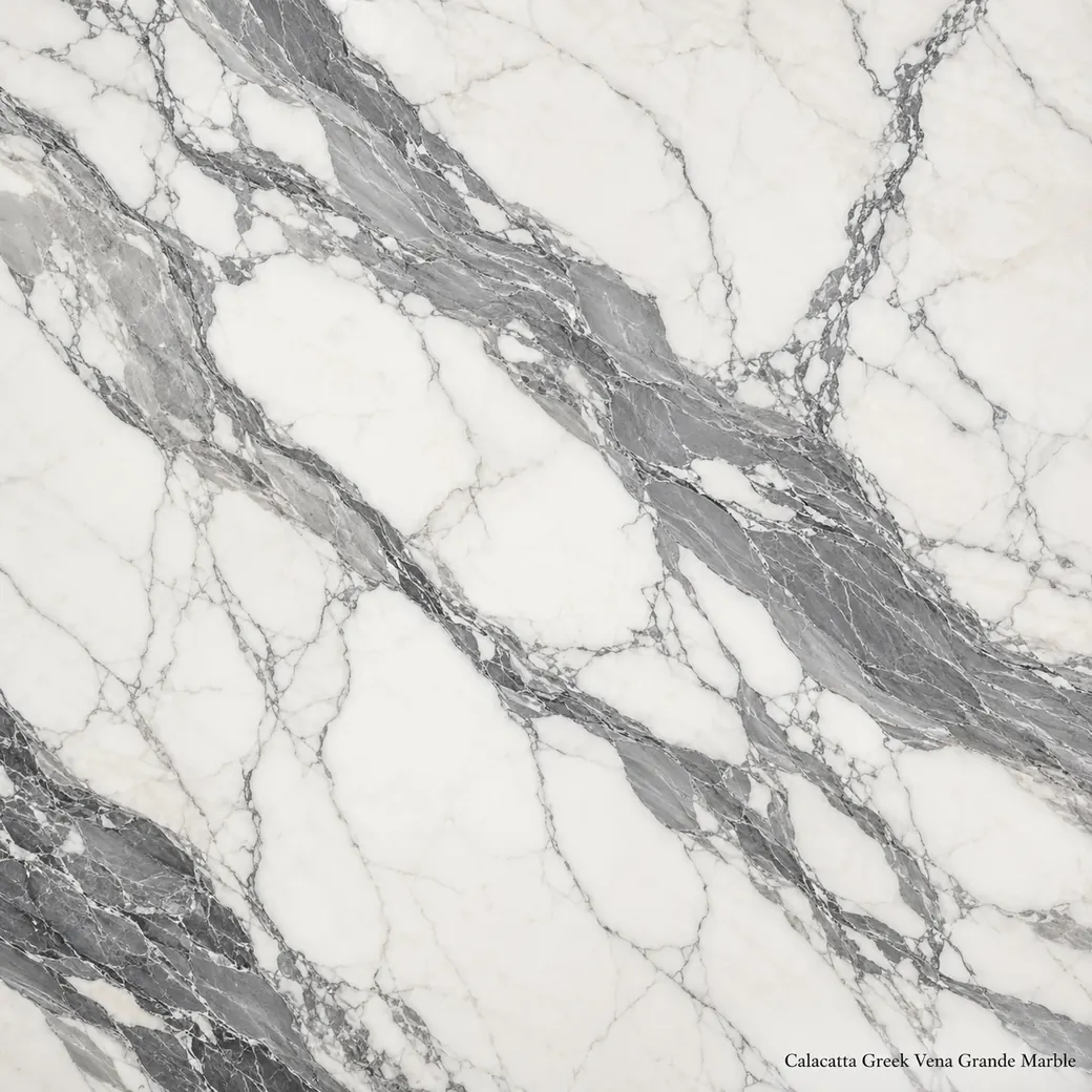 Calacatta Greek Vena Grande Marble with large scale grey veined white stone, bold graphite ribbons and rich polished depth.